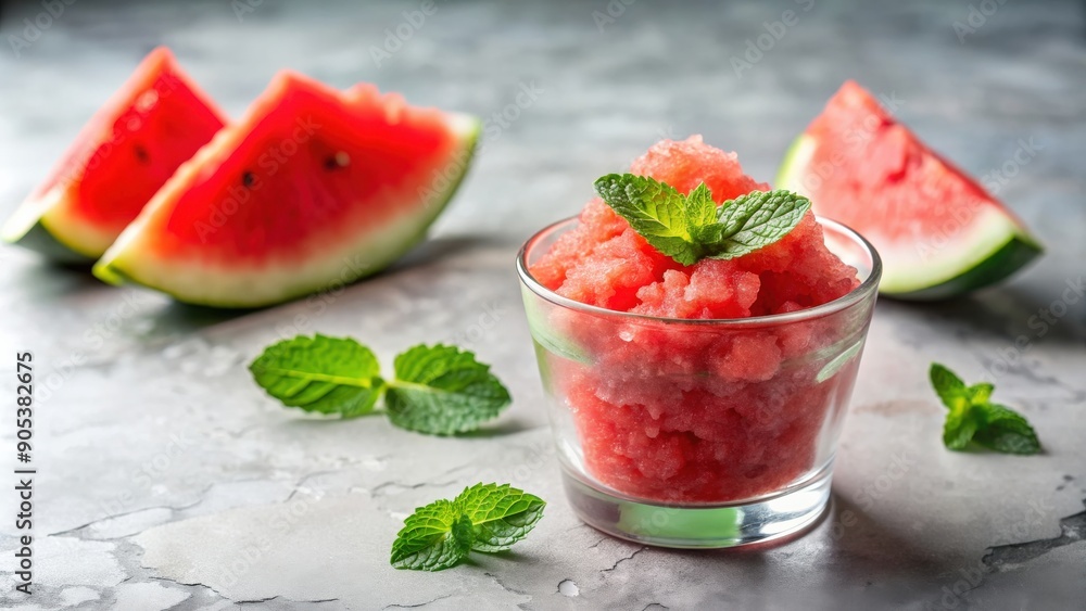 Watermelon granita in a glass cup on a marble table with a watermelon slice, refreshing, summer, dessert, cold, fruity, chilled Watermelon granita in a glass cup on a marble table with a watermelon slice, refreshing, summer, dessert, cold, fruity, chilled