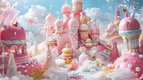 Bright marshmallow palace in detailed view with festive desserts