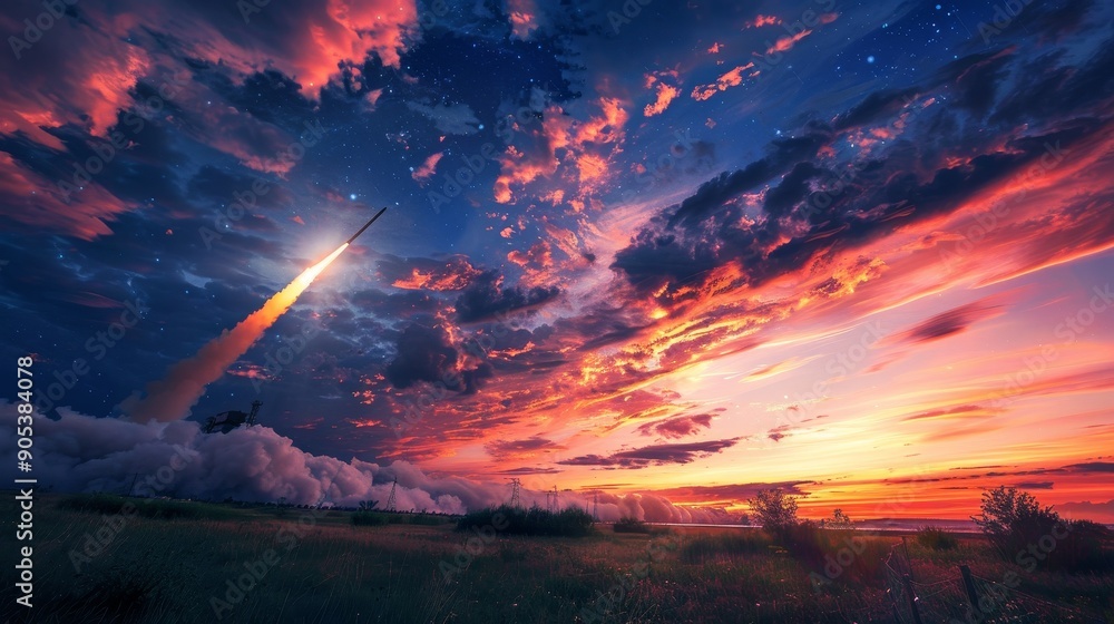 Intense Missile Launch at Military Base Training Ground with Light Flares and Smoke. Intense Missile Launch at Military Base Training Ground with Light Flares and Smoke.