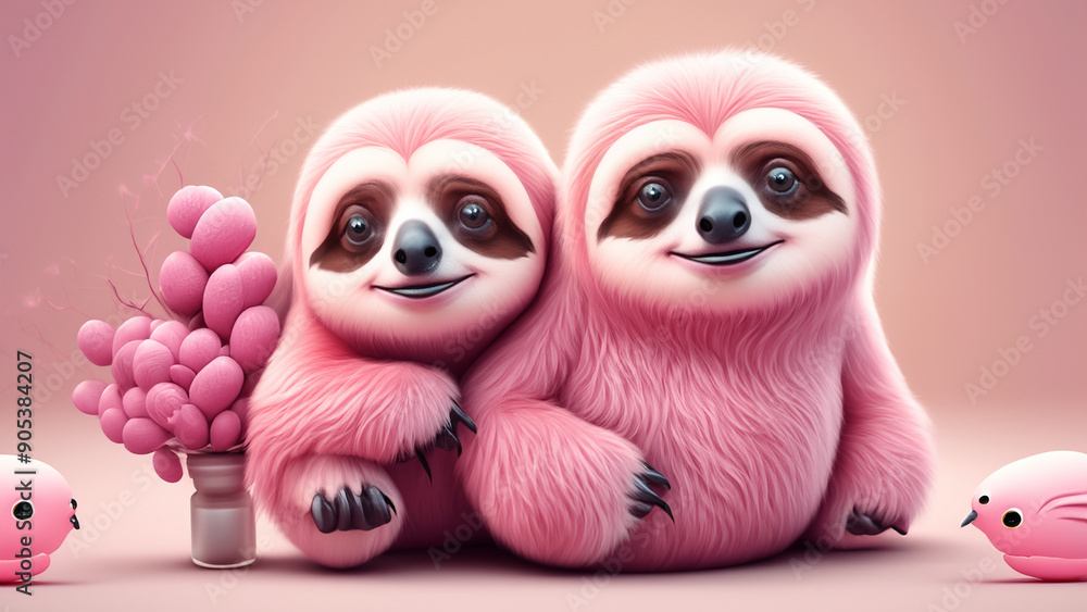Obraz premium create a cute fluffy pink sloth with flamingo legs