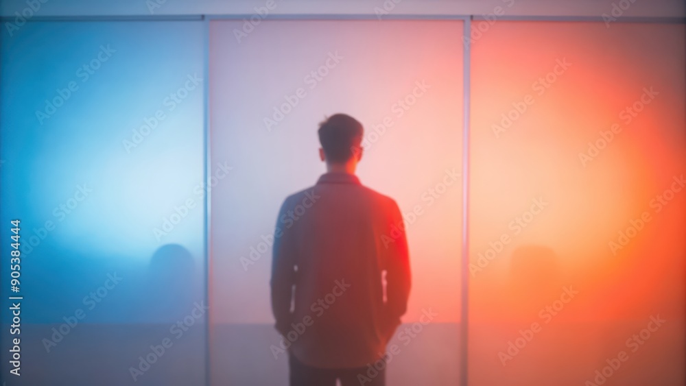 Obraz premium A Man Standing in Front of a Wall with Blue and Red Lighting