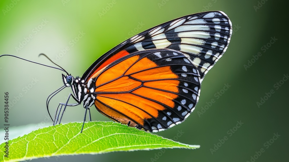Obraz premium Macro shot of a multihued butterfly on a leaf, focus on intricate wing details, soft morning light, natures delicate beauty, high-resolution photo, realistic photo