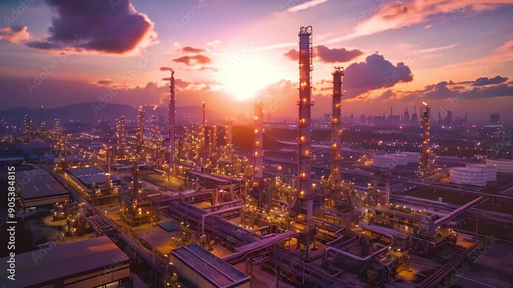 An aerial view of an illuminated industrial complex at dusk, with towering structures and intricate pipelines against a vibrant sunset sky. An aerial view of an illuminated industrial complex at dusk, with towering structures and intricate pipelines against a vibrant sunset sky.