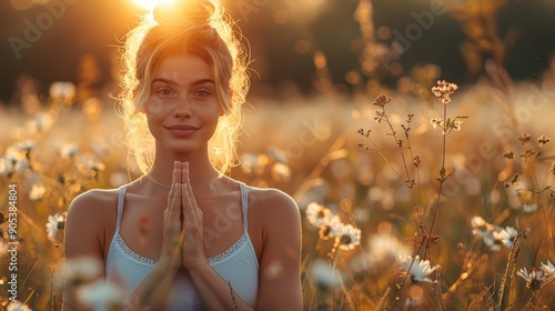 Serene Young Woman Meditating in a Sunlit Flower Field at Golden Hour. Generative AI