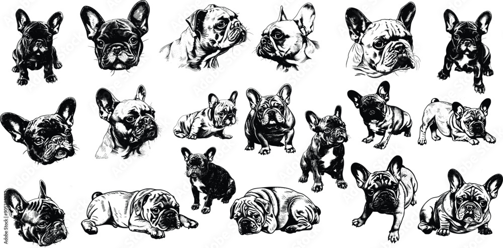 bulldog set illustration ink sketch bulldog set illustration ink sketch