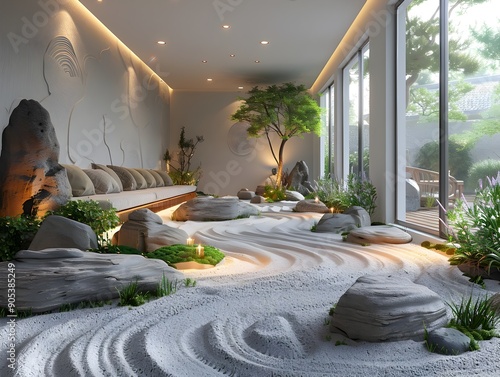 Tranquil Zen Garden with Raked Sand and Rocks for Mindful Meditation and Spiritual Retreat photo