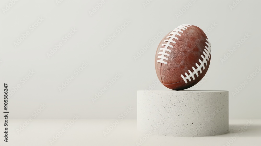 A brown leather football on a white podium against a white background. A brown leather football on a white podium against a white background.
