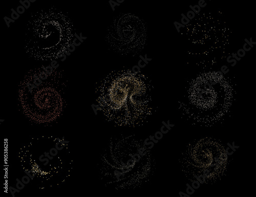 Isolated set of chaotic figures with tinsel on black background.