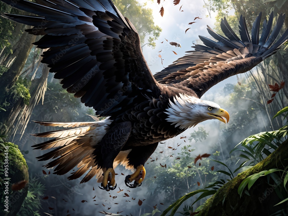 Fototapeta premium Beautiful Eagle flying in the Jungle. Bald Eagle Soaring Through the Jungle. Eagle Sniper Shot in the Canopy. Bald Eagle in the Heart of the Jungle. Eagle's Journey wildlife photography concepts