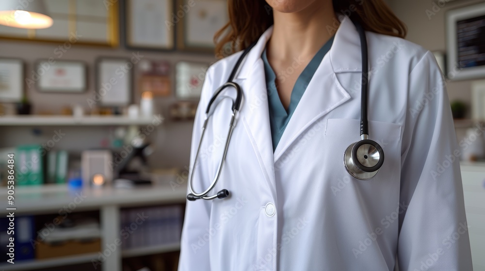 Healthcare Professional Wearing White Lab Coat With Stethoscope in Medical Office During Daylight Hours. Generative AI Healthcare Professional Wearing White Lab Coat With Stethoscope in Medical Office During Daylight Hours. Generative AI