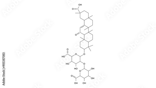 glycyrrhizic acid molecule, structural chemical formula, ball-and-stick model, isolated image glycyrrhizin photo