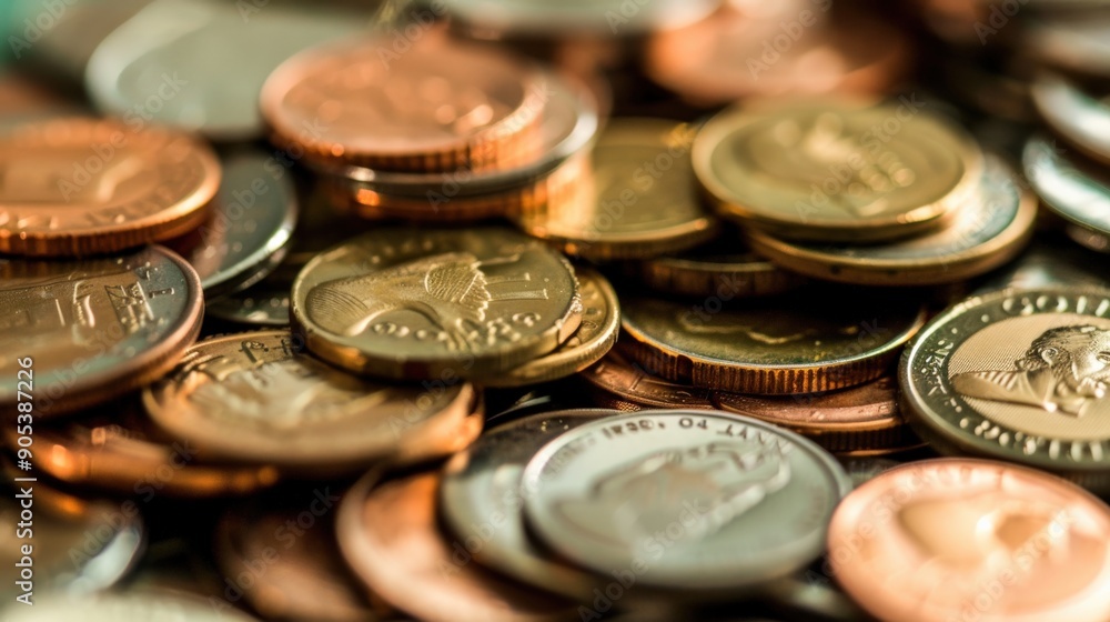 A close-up of a pile of assorted coins, showcasing the texture and detail of the currency. A close-up of a pile of assorted coins, showcasing the texture and detail of the currency.