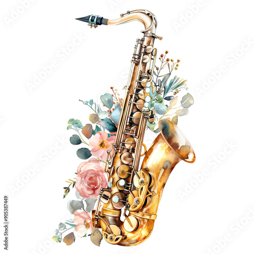 Fototapeta Naklejka Na Ścianę i Meble -  watercolor illustration of saxophone with flowers isolated on white background