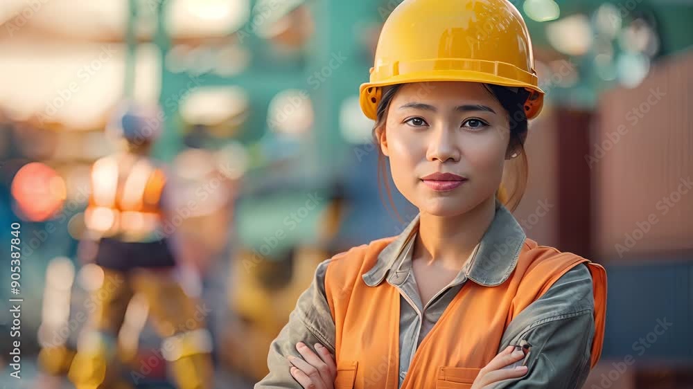 Confident female worker in hardhat and safety vest stands at a busy shipping port. Confident female worker in hardhat and safety vest stands at a busy shipping port.