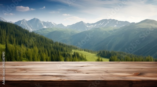 Peaceful Empty Wooden Table Overlooking Majestic Mountain Landscape During Bright Daylight