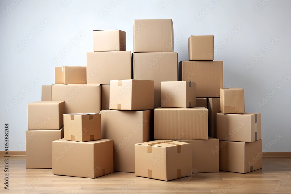 A neatly stacked pile of cardboard boxes on a plain background, symbolizing moving or storage organization.