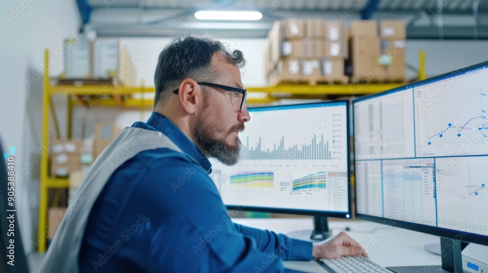 A focused businessman working at a computer with multiple monitors in a warehouse setting. He is analyzing data and charts. A focused businessman working at a computer with multiple monitors in a warehouse setting. He is analyzing data and charts.