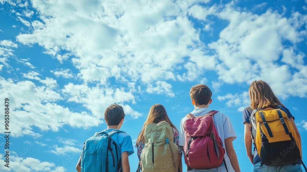 Group of children with backpacks walking to school on street,copy space,back to school concept. Group of children with backpacks walking to school on street,copy space,back to school concept.