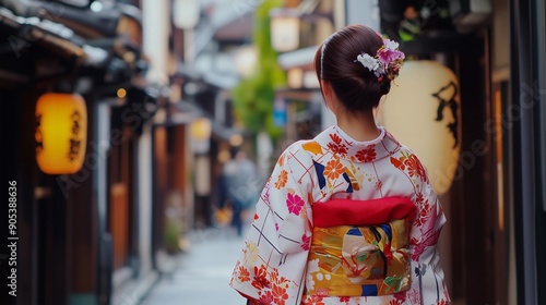 Japanese woman in kimono holding umbrella,smiling,traditional Japanese style,copy space.