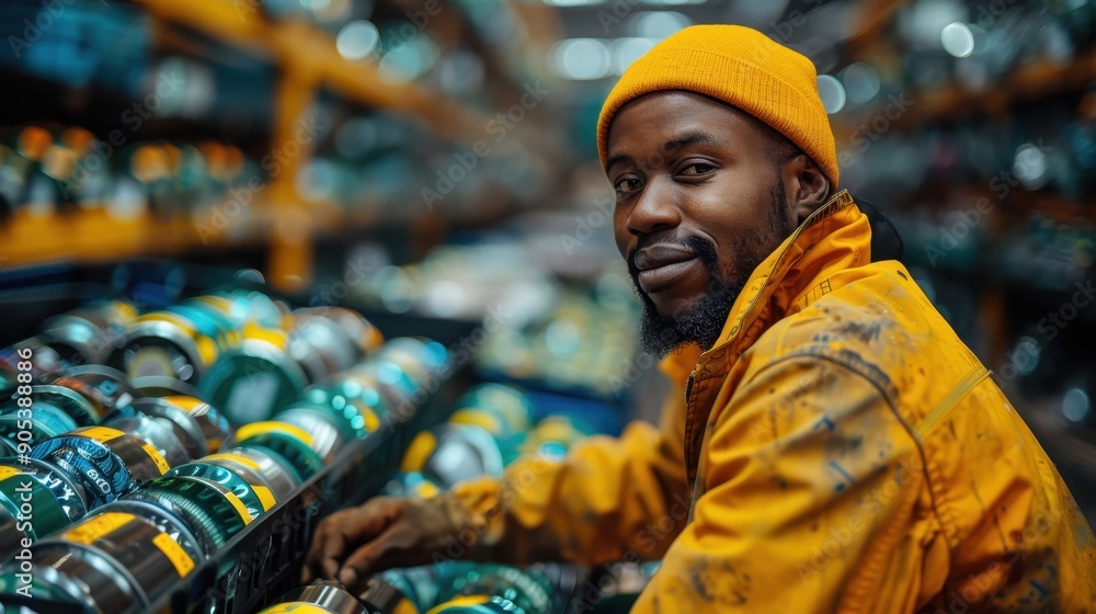 A man wearing a yellow beanie and a yellow jacket is seen organizing tools in an industrial setting, showcasing a happy and productive work environment. A man wearing a yellow beanie and a yellow jacket is seen organizing tools in an industrial setting, showcasing a happy and productive work environment.