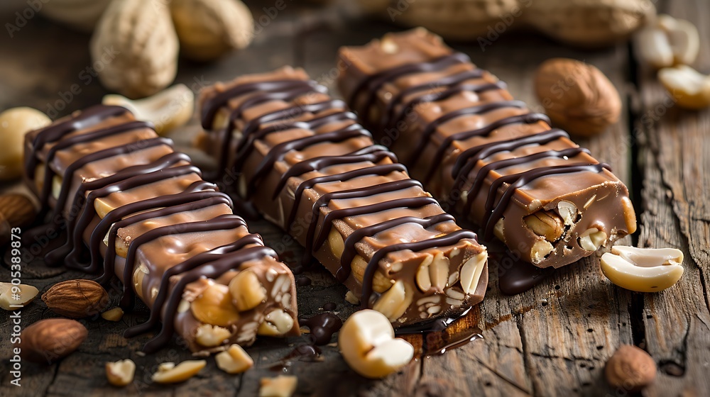 Candies protein bar on an antique table with chocolate drizzle and peanuts Candies protein bar on an antique table with chocolate drizzle and peanuts