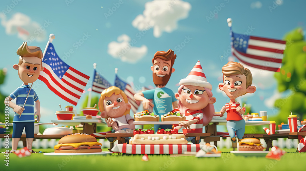 Fototapeta premium 3D Cartoon American Flag Celebration.