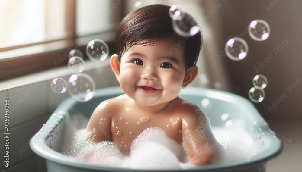 Smiling baby girl enjoying a bubble bath, looking at the camera..Concept: Baby care, bath time, hygiene, happy baby, childhood. Smiling baby girl enjoying a bubble bath, looking at the camera..Concept: Baby care, bath time, hygiene, happy baby, childhood.