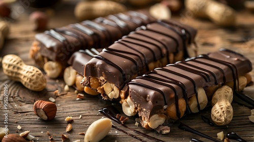 Candies protein bar on an antique table with chocolate drizzle and peanuts