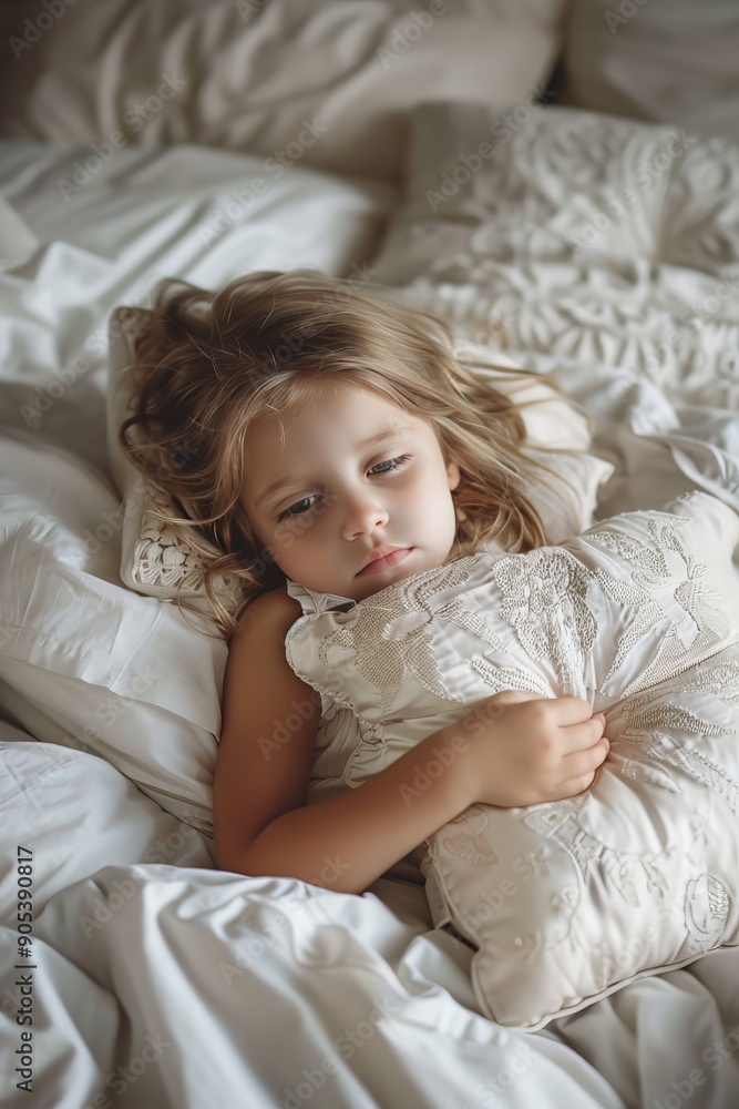 sharp photo a little girl lying on a bed and holding a pillow at home, capturing a relaxing moment sharp photo a little girl lying on a bed and holding a pillow at home, capturing a relaxing moment