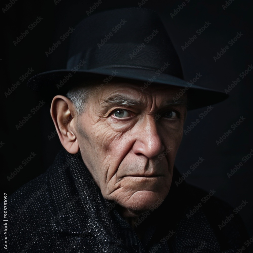 sharp photo of a senior man wearing a black hat, looking directly at the camera with a confident sharp photo of a senior man wearing a black hat, looking directly at the camera with a confident