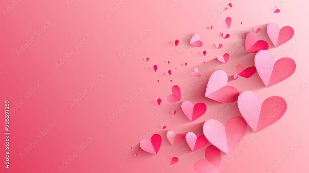 A pink gradient background with scattered paper hearts in various sizes and shades of pink A pink gradient background with scattered paper hearts in various sizes and shades of pink