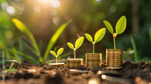 A row of growing plants emerge from stacked gold coins, symbolizing investment growth and financial prosperity.