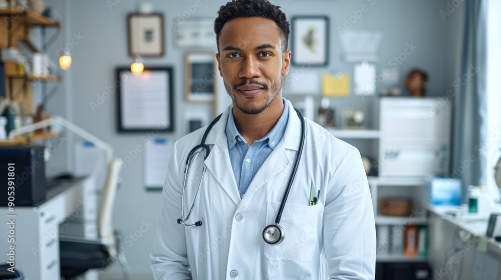 Experienced Male Doctor Wearing White Coat in Modern Medical Office During Daytime. Generative AI Experienced Male Doctor Wearing White Coat in Modern Medical Office During Daytime. Generative AI