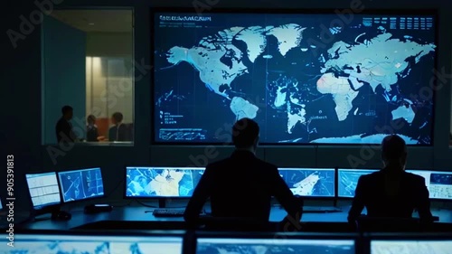 This is a control room with a large map of the world on a screen and many smaller screens. There are people in the room. photo