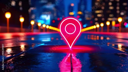 This video shows a red, glowing map pin on a wet street with lights in the background. photo