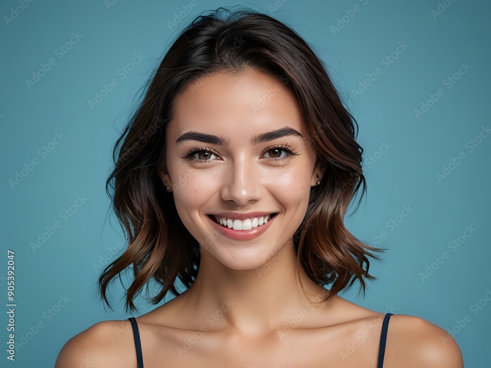 Portrait of a woman with brown hair and a big smile. Portrait of a woman with brown hair and a big smile.