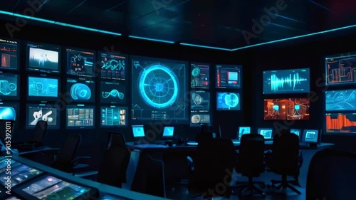 This is a room with many large screens showing different kinds of data and graphics. There are also computers and a control panel.