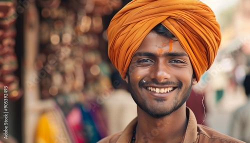 Capturing charm of a young Indian man in a turban, with a bright smile directed at the camera