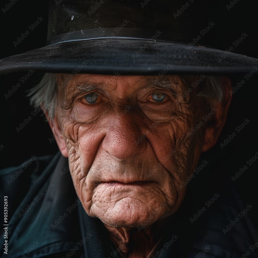 Capturing dignified gaze of a senior man in a black hat as he looks into the camera Capturing dignified gaze of a senior man in a black hat as he looks into the camera