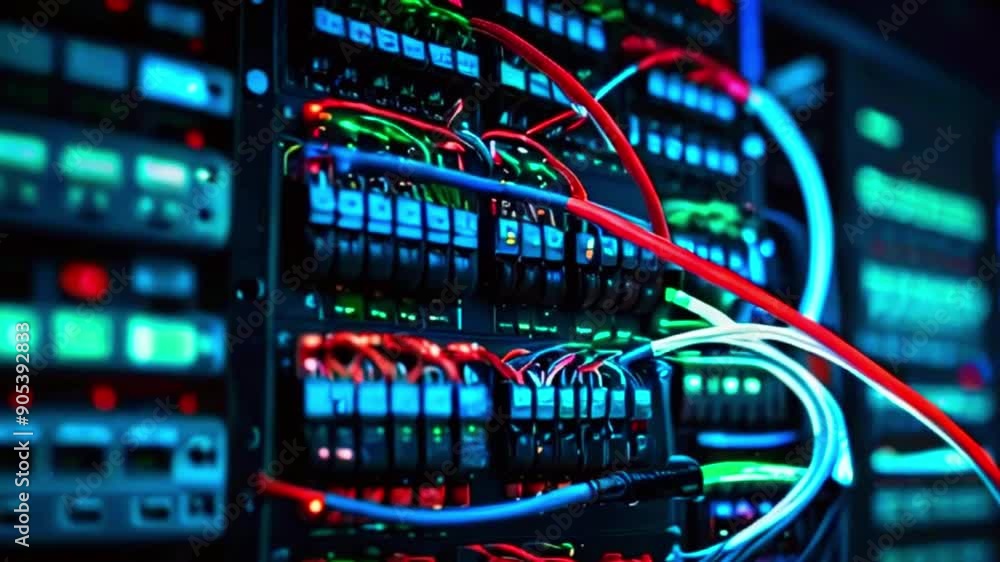 This is a close-up of a server rack with many cables and connectors. This is a close-up of a server rack with many cables and connectors.