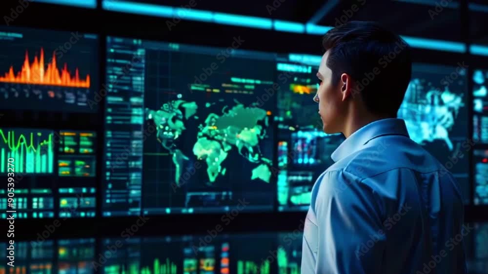 This is a video of a man looking at a large screen with a world map and other data. This is a video of a man looking at a large screen with a world map and other data.
