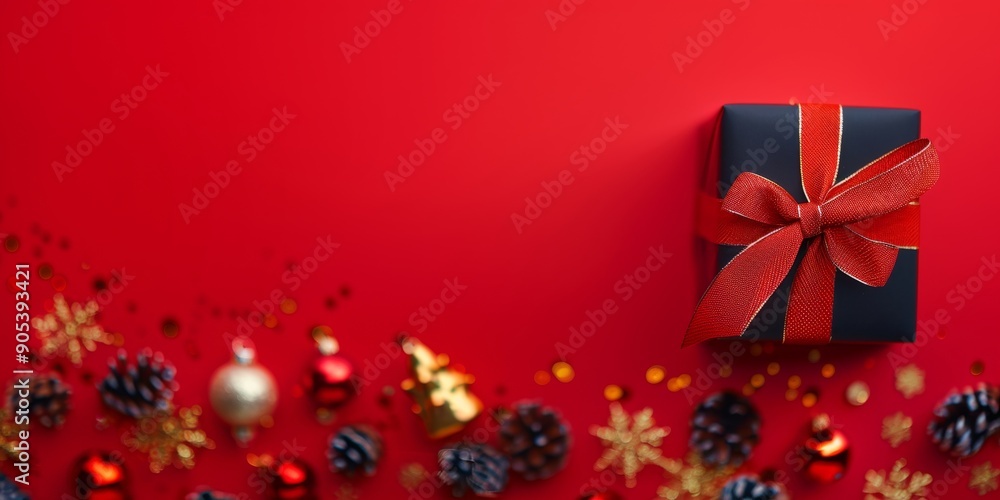 Black gift box with a red bow and pine cones on a red background. Ideal for holiday cards and festive promotions. Black gift box with a red bow and pine cones on a red background. Ideal for holiday cards and festive promotions.