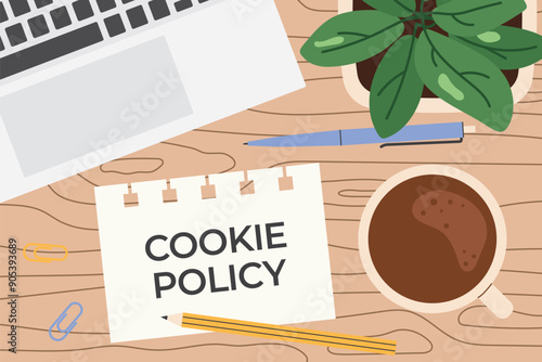 cookie policy written on the paper note on office desk, flat lay view- vector illustration