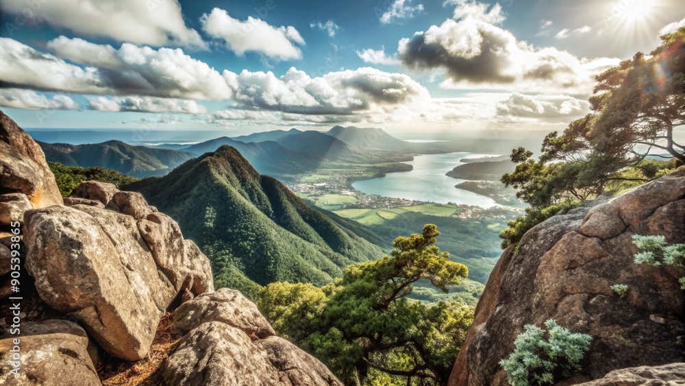 Fototapeta premium View from the top of the mountain, beautiful mountain landscape, mountain vegetation, forest, beautiful clouds, sunlight, mountain plain in the distance