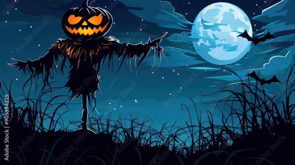 Fototapeta premium A spooky scarecrow with a pumpkin head stands in a field under a full moon with bats flying overhead.