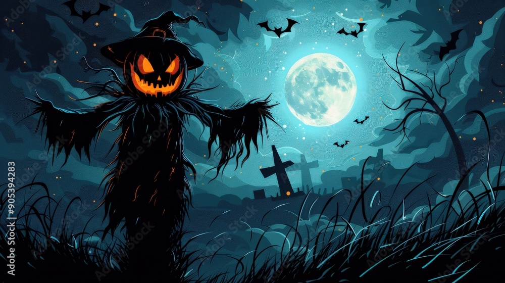 A spooky scarecrow with glowing eyes stands in a graveyard under a full moon, surrounded by bats. A spooky scarecrow with glowing eyes stands in a graveyard under a full moon, surrounded by bats.
