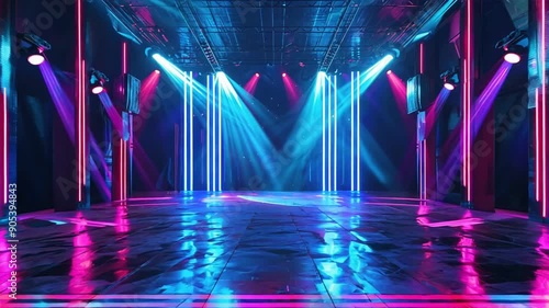 stage with vibrant blue and purple lighting effects.