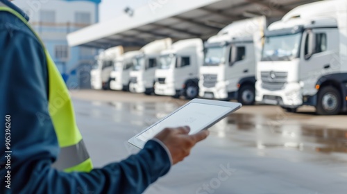 A worker in a safety vest checks a tablet in front of a row of white delivery trucks.
