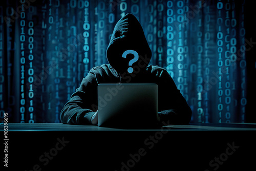 Anonymous hacker. Hacker in hoodie. Binary code on background. Question mark instead of face. photo