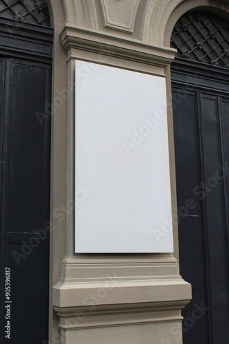 Blank white cafe, shop, storefront or restaurant menu board mockup, white empty banner on a wall mock up template.